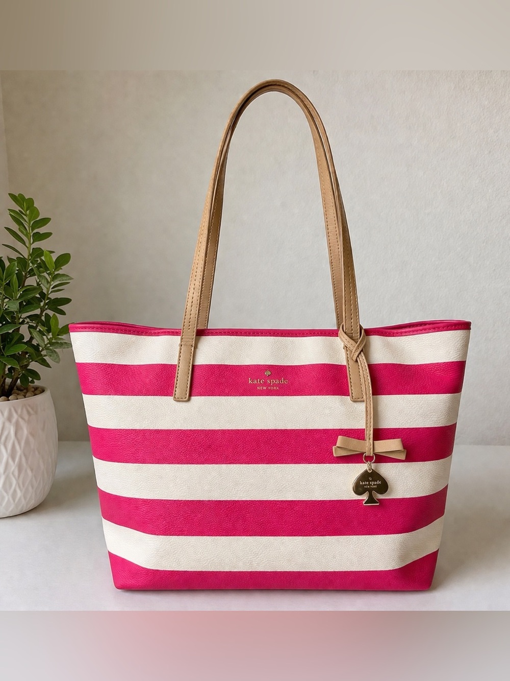 Kate Spade New York Pink & Cream Stripe Tote Bag Crossgrain Leather Shoulder Bag